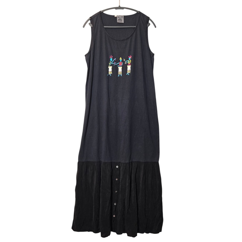 VTG Johnny Was T-Shirt Sleeveless Maxi Dress Black L Embroidered Beaded Boho